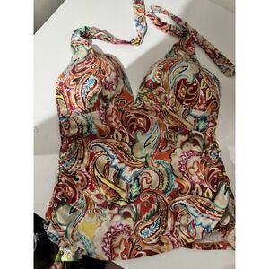 Ralph Lauren Paisley Tropical Tankini Halter Swim Top Only Ruched Women Size 10